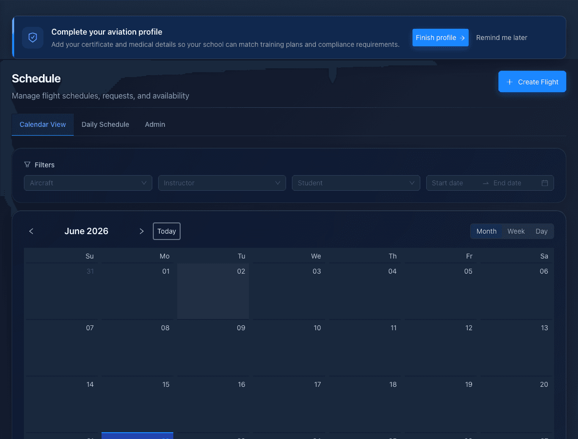 Aerial schedule view showing weekly flight bookings